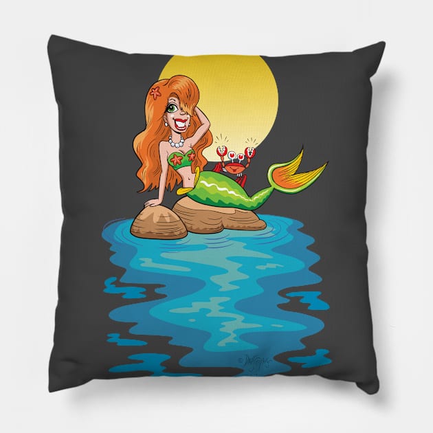 Mermaid Relaxes on Rocks with Crab Pillow by cartoonasaurus