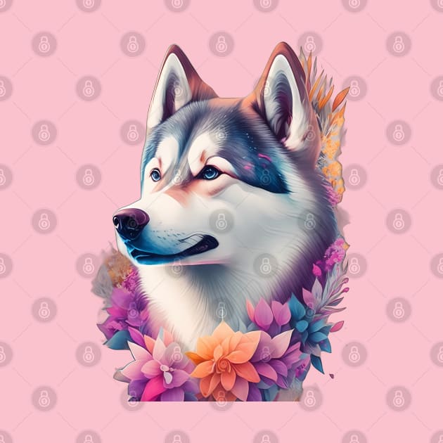 HUSKY DOG ROUNDED BY FLOWERS by ALTAIR