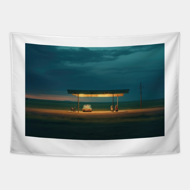 Minimalist bus stop at night – Landscape Photography Tapestry by regnumsaturni