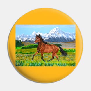 A brown horse and Mount Cook, New Zealand Pin