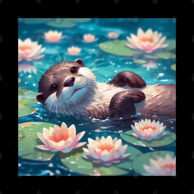 Kawaii Anime Otter Swimming With Water Lily by TomFrontierArt