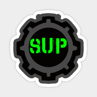 Green SUP Word in a Black Industrial Cog Magnet