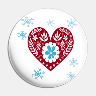 Winter Scandinavian Design on White Background Cute Simple Nordic Heart and Snowflakes Pin