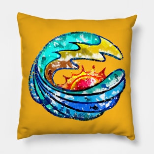 Island Expression with Big Surf Waves Morning Sun Retro Illustration Pillow