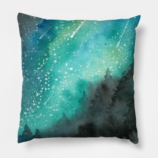 Milky Way Over Forest Watercolor Landscape Pillow