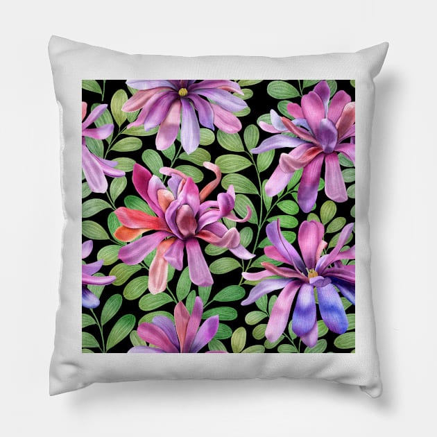 Tropical Magnolia Stellata flowers and leaves on black background. Fantasy watercolor botanical illustration. Exotic Star Magnolia flower blossom Pillow by likapix