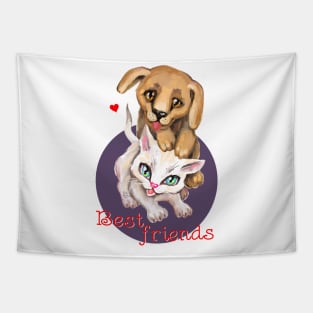 Cute small cat and dog. Sweet little baby pets. Kitten and puppy friends. Tapestry