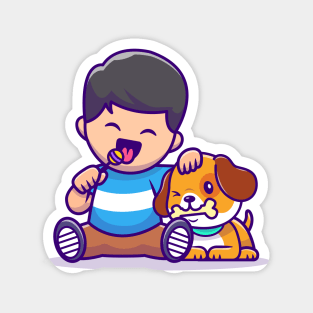 Cute Boy Eating Lollipop With Dog Eating Bone Magnet