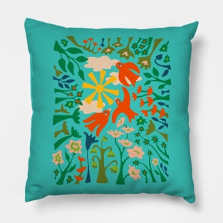 DAYDREAM IN THE GARDEN Happy Birds Flying in the Sky Above Colourful Flowers with Sun and Clouds - UnBlink Studio by Jackie Tahara Pillow