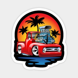 Classic American Hot Rod Pick-up Truck with Sunset Cartoon Magnet