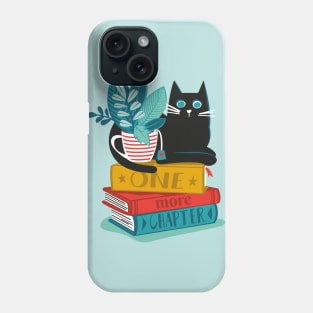 One more chapter // spot // aqua background black cat striped mug with plants red teal and yellow books with quote Phone Case