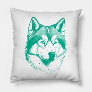 Alaskan Malamute dog minimalist art drawing in turquoise green Pillow