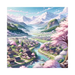 Serene Mountain Village Anime Landscape T-Shirt