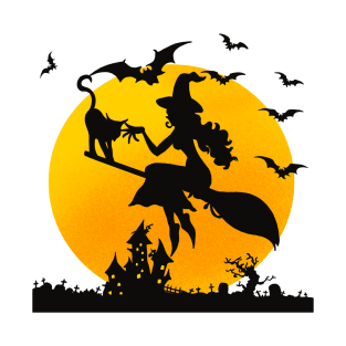 Funny Halloween Costume Gift, Pumpkins, Witch broom and cat T-Shirt