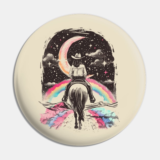 Moonlit Equestrian Dreams: Mystical Horseback Rider Under Starry Crescent Moon Art Pin by TeeTrendz