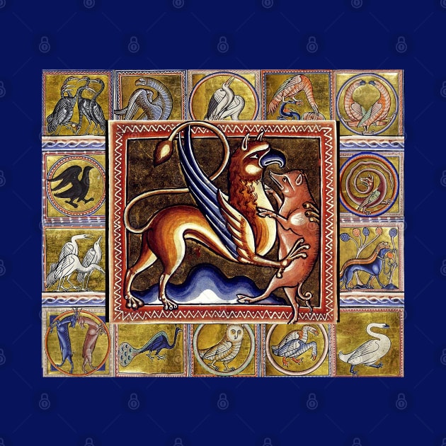 MEDIEVAL BESTIARY,GRYPHON AND WILD BOAR,FANTASTIC ANIMALS IN GOLD RED BLUE COLORS by BulganLumini