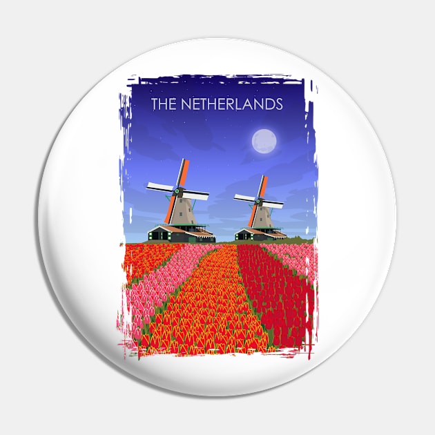 The Netherlands Vintage Minimal Retro Windmills Tulips Travel Poster Pin by jornvanhezik
