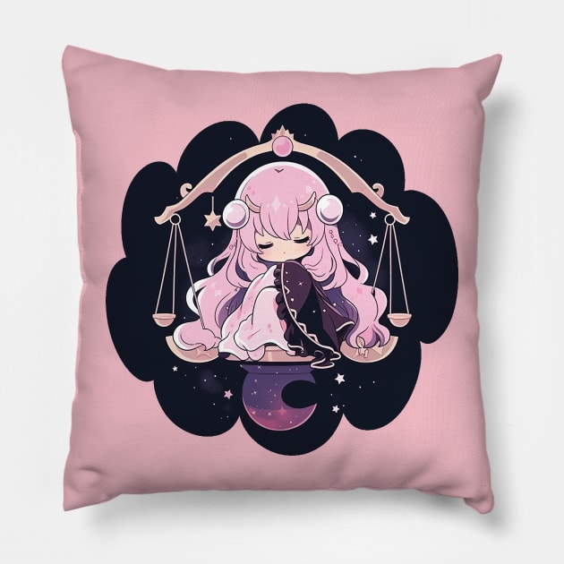 Adorable Anime Chibi Libra Zodiac Sleeping Little Astro Girl Pillow by The Little Store Of Magic