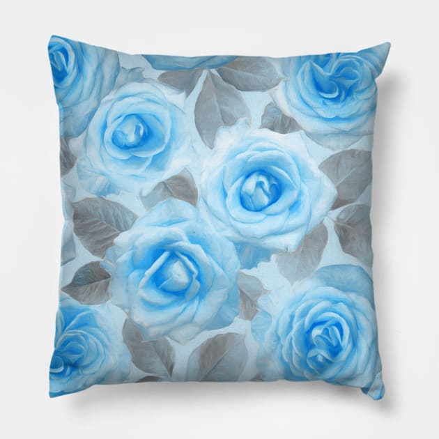 Painted Roses in Blue & Grey Pillow by micklyn