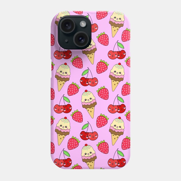 Cute funny sweet adorable happy Kawaii ice cream cones with sprinkles, little cherries and red ripe summer strawberries cartoon fantasy pastel pink pattern design Phone Case by IvyArtistic
