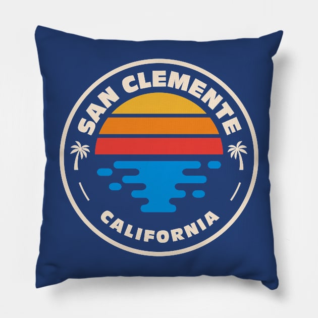 Retro San Clemente California Vintage Beach Surf Emblem Pillow by Now Boarding