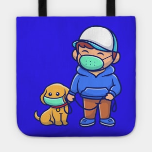 Cute Boy With Dog Wearing Mask Cartoon Tote