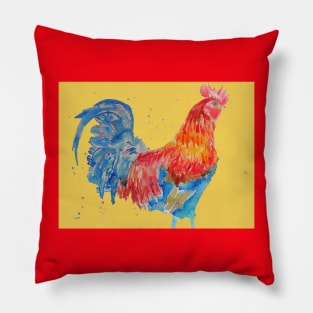 Rooster Chicken Watercolor Painting on Yellow Pillow