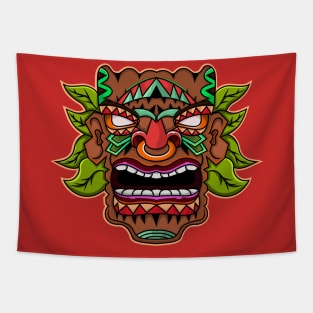 Tiki Mask Green Leaves Tapestry