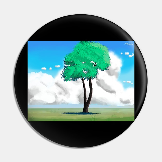 Peaceful Single Tree Scenery - Standalone Tree in Green Field Pin by DotNeko