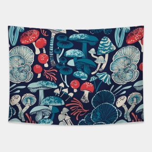 Mystical fungi // midnight blue background aqua teal coral and red wild mushrooms Tapestry