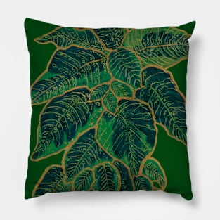 Green and Golden Leaves Pattern, Acrylic Painted and Digitally Enhanced Pillow