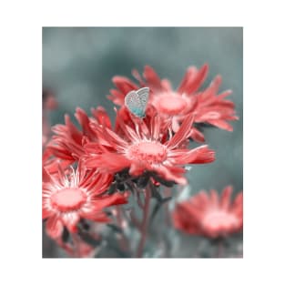 Blue butterfly on red flowers T-Shirt