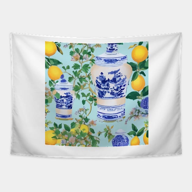 Lemons and chinoiserie jars Tapestry by SophieClimaArt