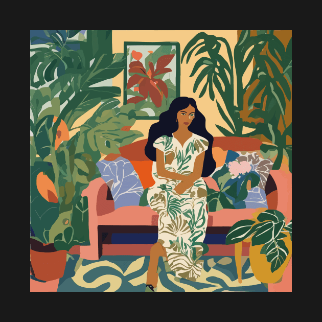 Woman on Couch of Tropical Jungle Garden Apartment After Matisse by bragova