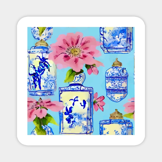 Chinoiserie jars on sky blue Magnet by SophieClimaArt