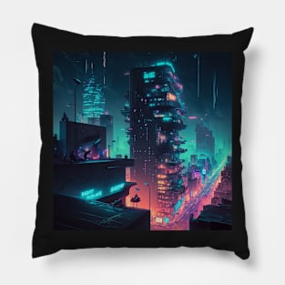 Skyline View of a Cyberpunk City Pillow