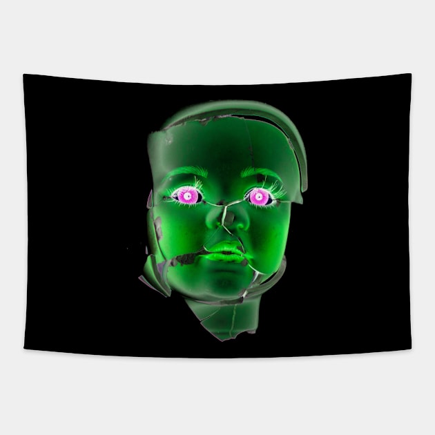 Freaky Halloween Broken Doll Zombie Face Green Tapestry by Squeeb Creative