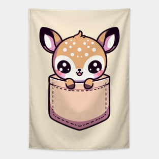 Kawaii Baby Deer in Pocket Cute Peeking Deer Tapestry