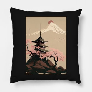 Serene Serenity: Minimal Japanese Temple, Cherry Blossoms and Mount Fiji Pillow