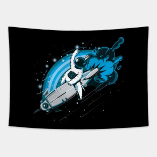 Funny Astronaut Flying Rocket Tapestry