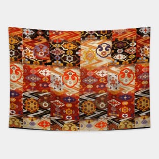 ANTIQUE JAPANESE GEOMETRIC FLORAL PATCHWORK WITH CLOUD SHAPED GONGS AND FLOWERS Tapestry