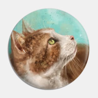 Painting of a White and Orange Cat Looking to the Side Pin