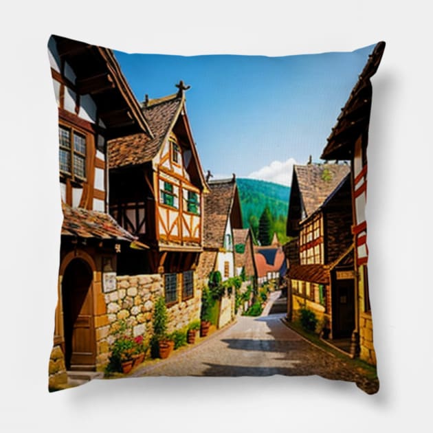 Medieval Village - Middle Ages German Architecture Pillow by CursedContent