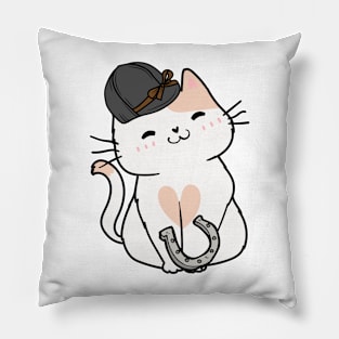 Funny white cat is ready to ride a horse Pillow