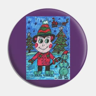 Funny Monkey and a Snowman Pin