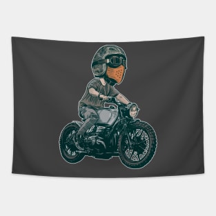 Urban Rider: Man Rocking a Cool Helmet on a Bobber Motorcycle Tapestry