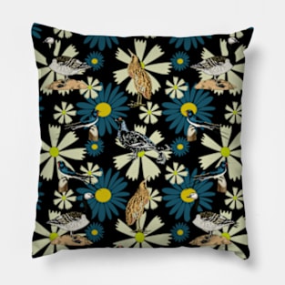 Blue and Yellow Flowers and Birds Pillow