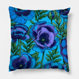 blue poppies flowers and leaves Pillow