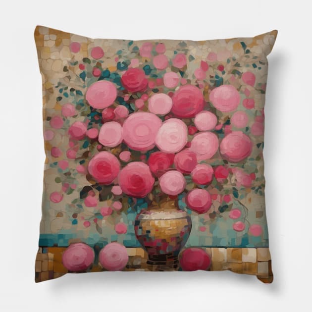 Pink Ranunculus Flowers in a Geometric Gold Vase After Klimt Pillow by bragova