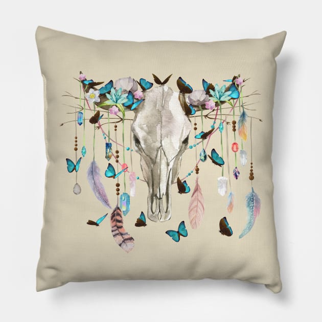 Butterflies Crystals And Flowers On A Cow Skull Pillow by LittleBunnySunshine